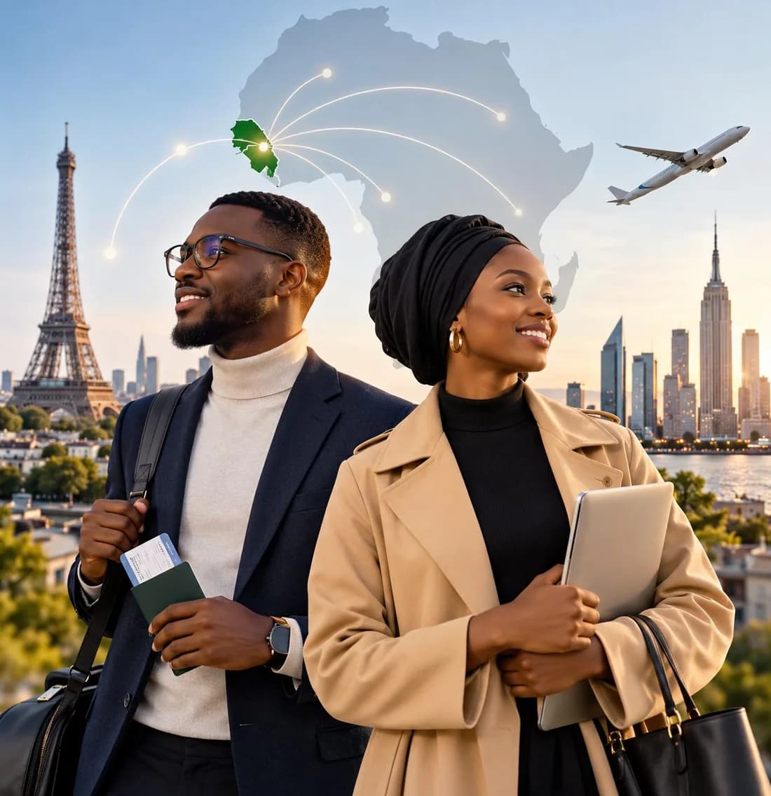 Un couple de Sénégalais de la diaspora devant une carte de l'Afrique reliée aux grandes capitales