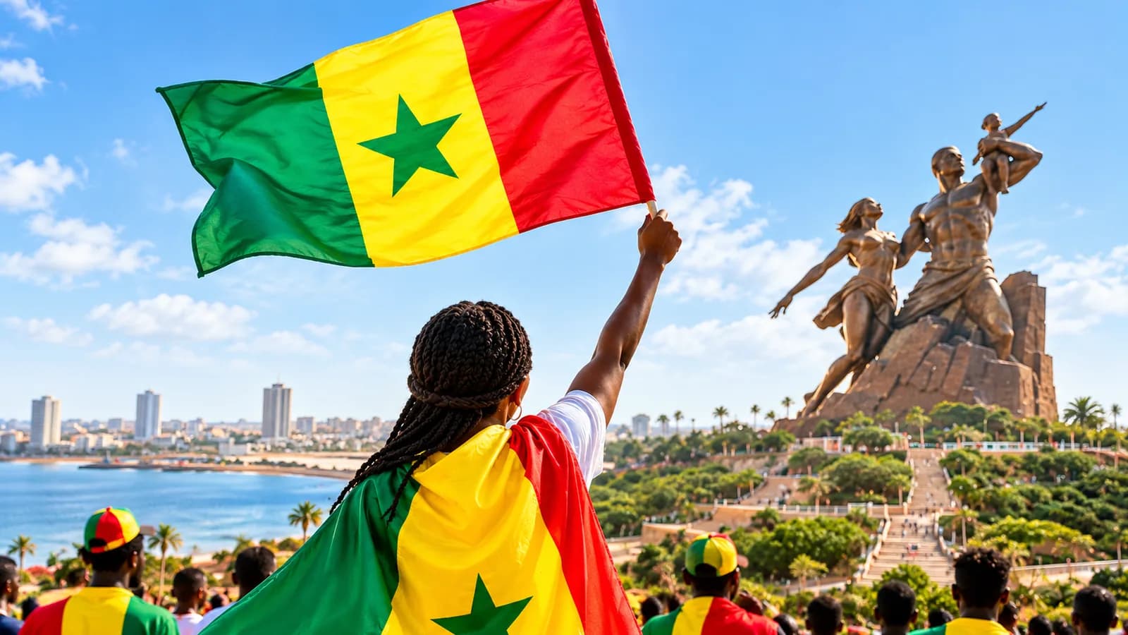 Jeune homme brandissant le drapeau du Sénégal