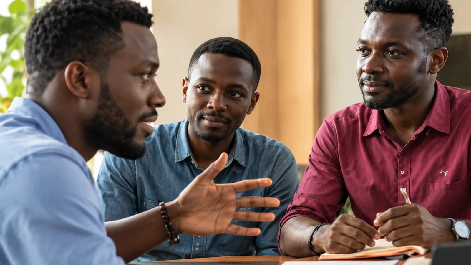 Trois hommes en pleine discussion