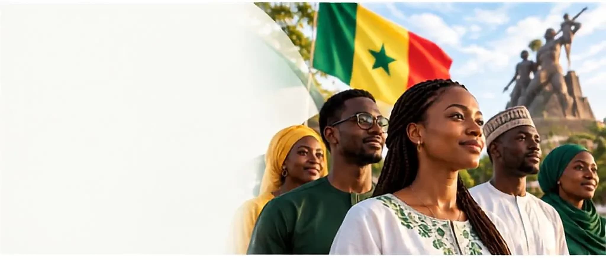 Citoyennes et citoyens sénégalais réunis devant le drapeau national et le Monument de la Renaissance africaine